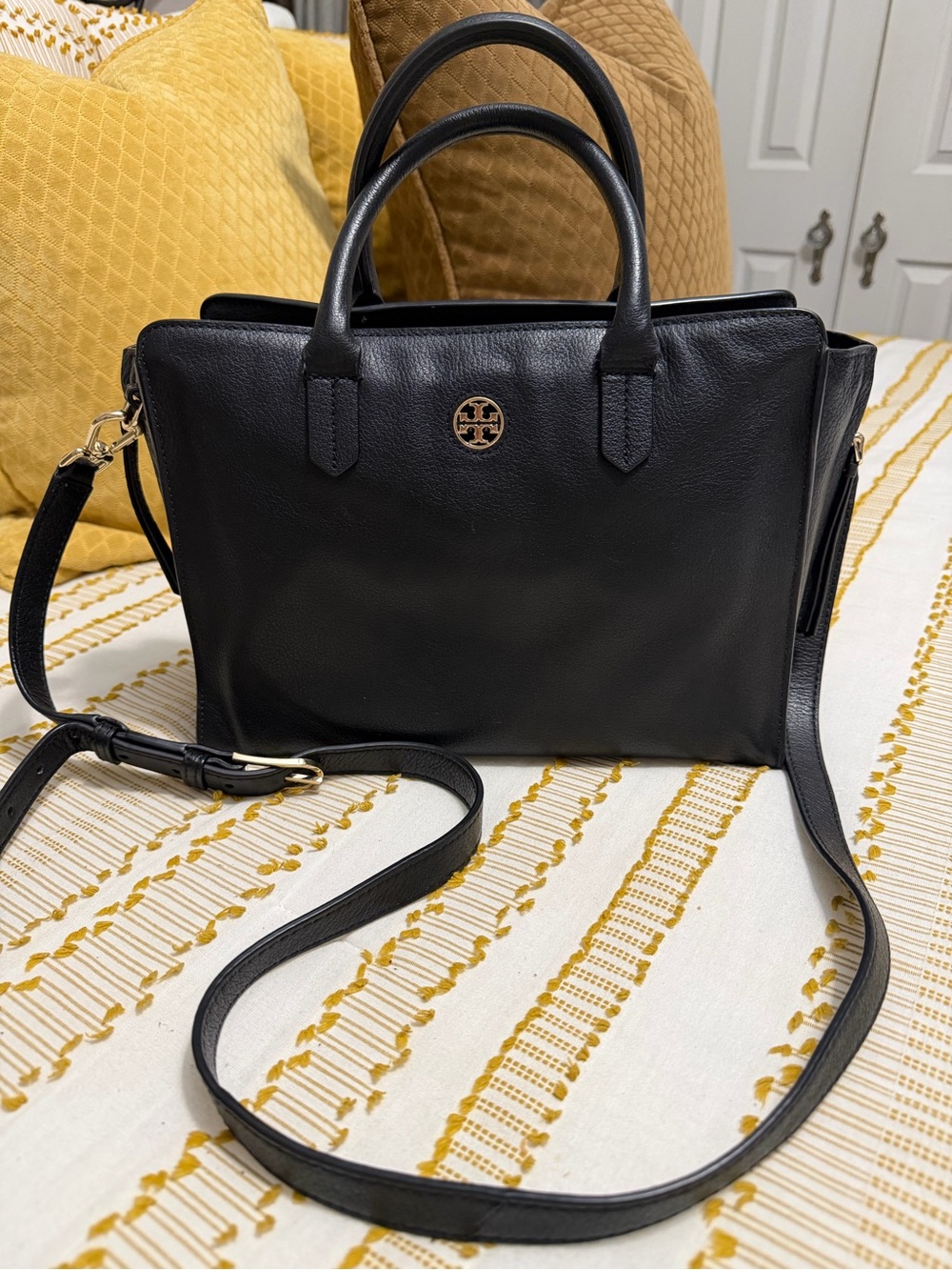 Tory Burch Black Leather Crossbody Satchel with Gold Logo